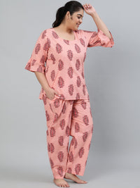 Thumbnail for NOZ2TOZ Plus Size Women Pink Printed Night Suit With Half Sleeves - Distacart