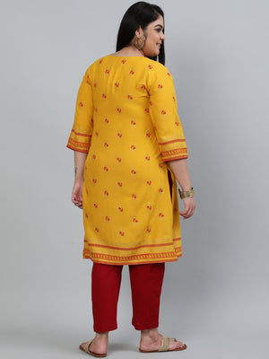 NOZ2TOZ Plus Size Women Yellow & Gold Printed Staright Kurta With Three Quarter Sleeves - Distacart