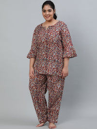 Thumbnail for NOZ2TOZ Plus Size Women Maroon Printed Night Suit With Three Quarters Flared Sleeves - Distacart
