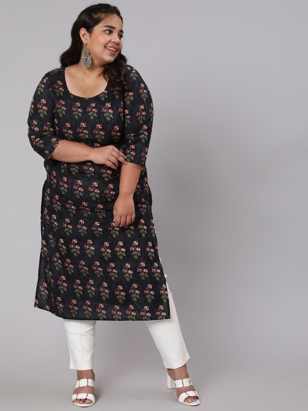 NOZ2TOZ Women Plus Size Black Ethnic Printed straight Kurta - Distacart