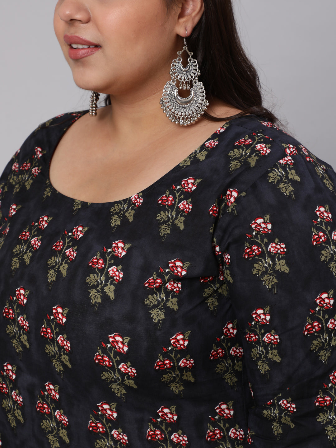 NOZ2TOZ Women Plus Size Black Ethnic Printed straight Kurta - Distacart