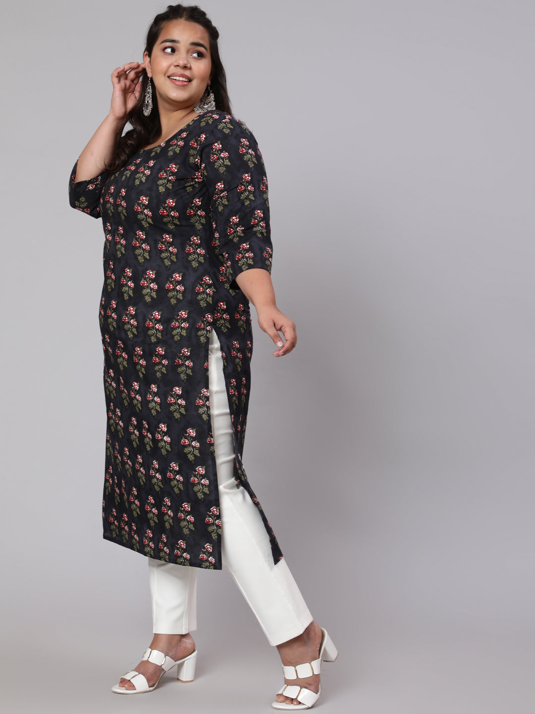 NOZ2TOZ Women Plus Size Black Ethnic Printed straight Kurta - Distacart