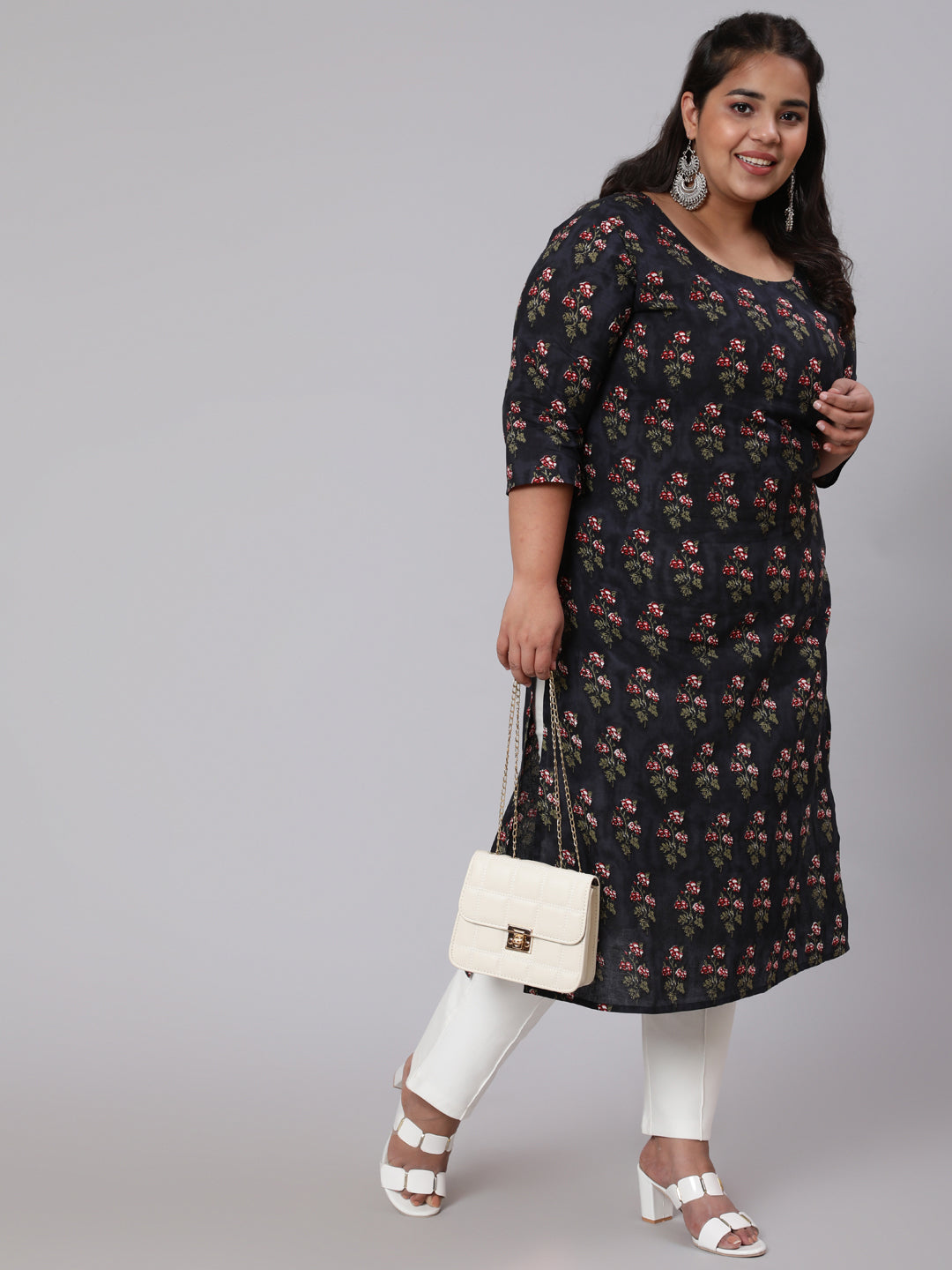 NOZ2TOZ Women Plus Size Black Ethnic Printed straight Kurta - Distacart