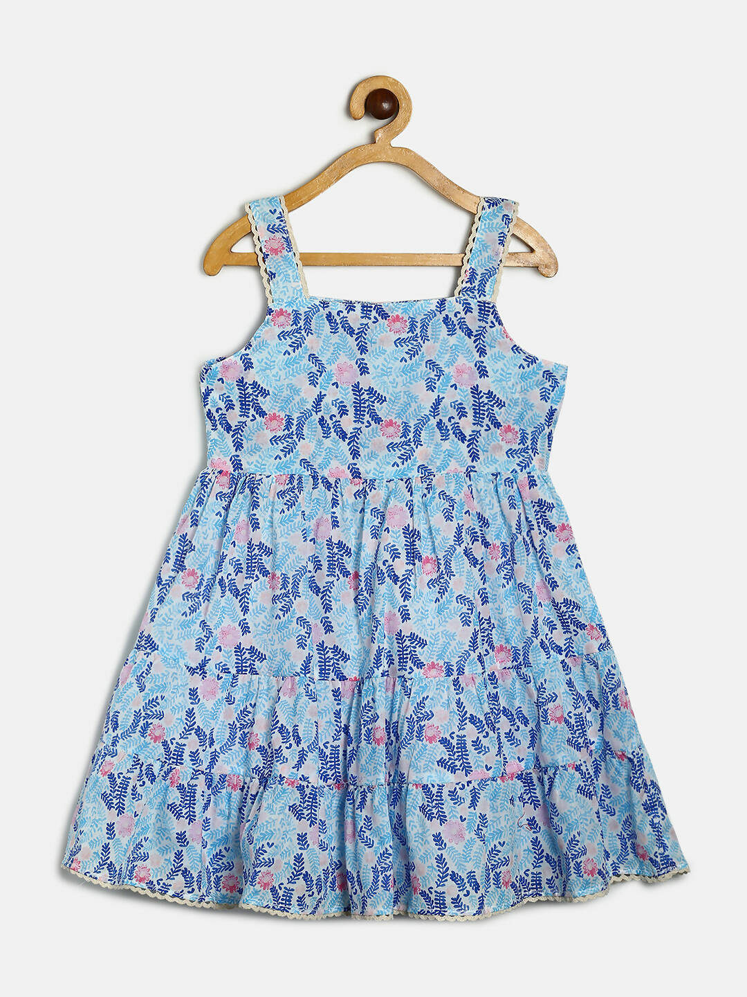 Manet Girls Cotton Layer Frock Leaf Printed - Blue - Distacart