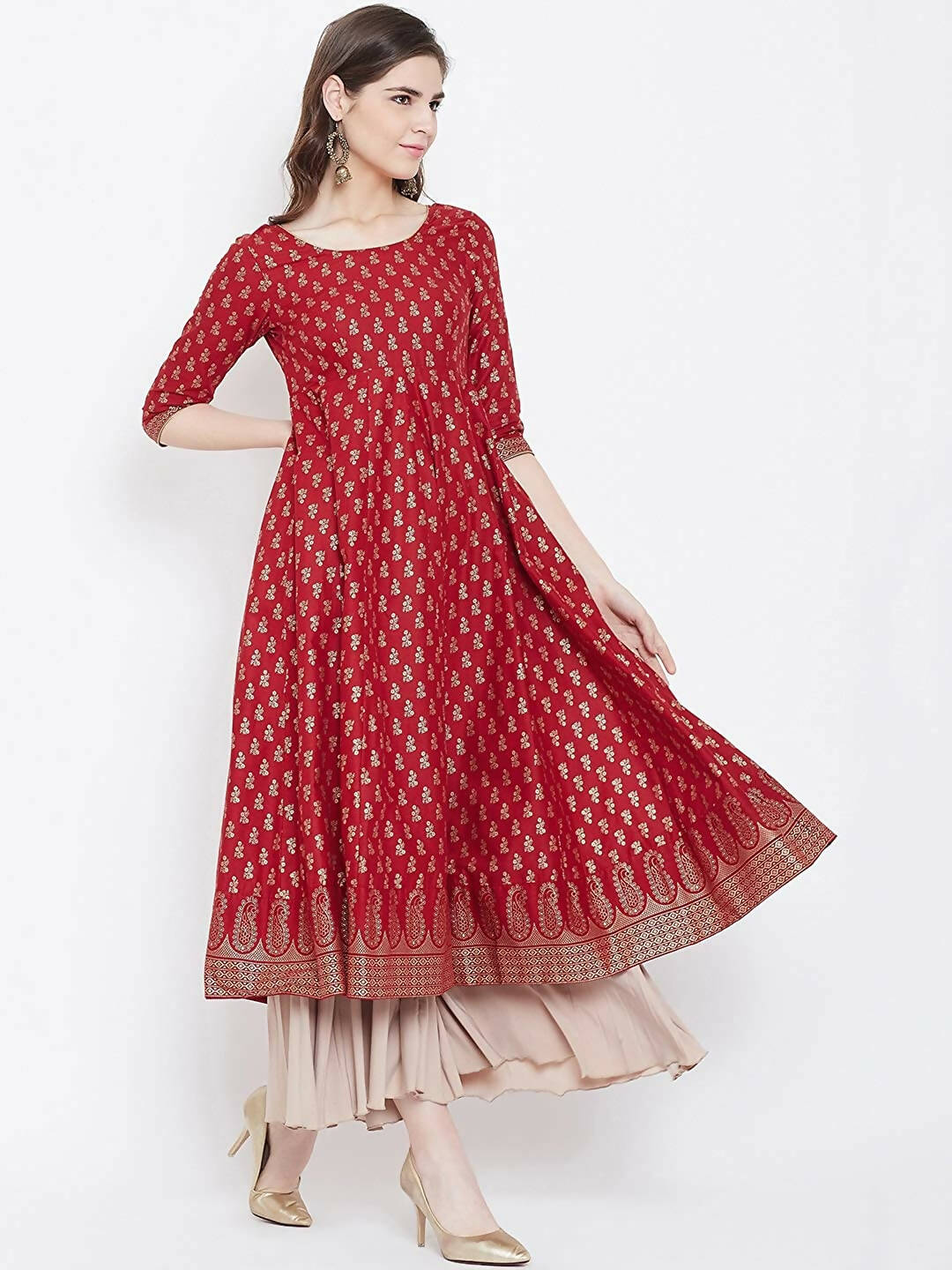 Cheera Embellished Daily Wear Cotton Blend Kurta - Red - Distacart