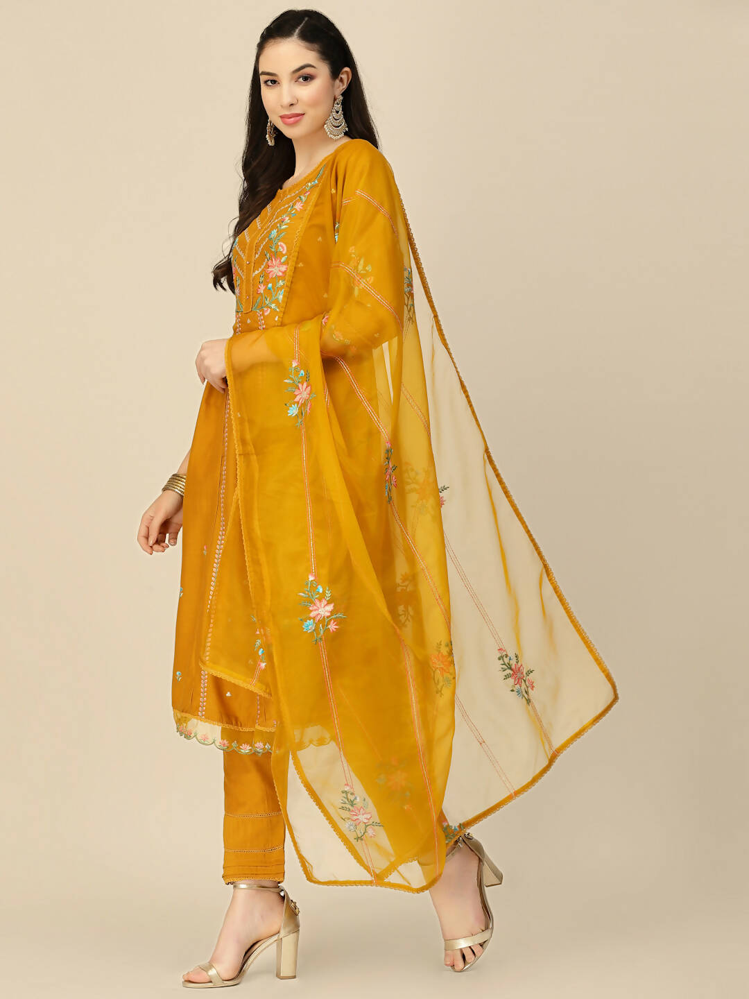 Mustard Embroidered Chinon Straight Kurta With Trouser & Dupatta - Salimar - Distacart
