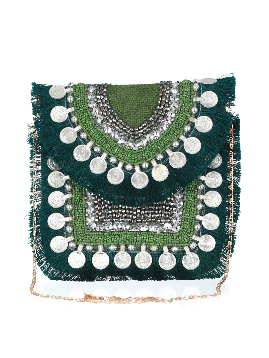 Priyaasi Women Green Coin Embellished Jute Sling Bag - Distacart