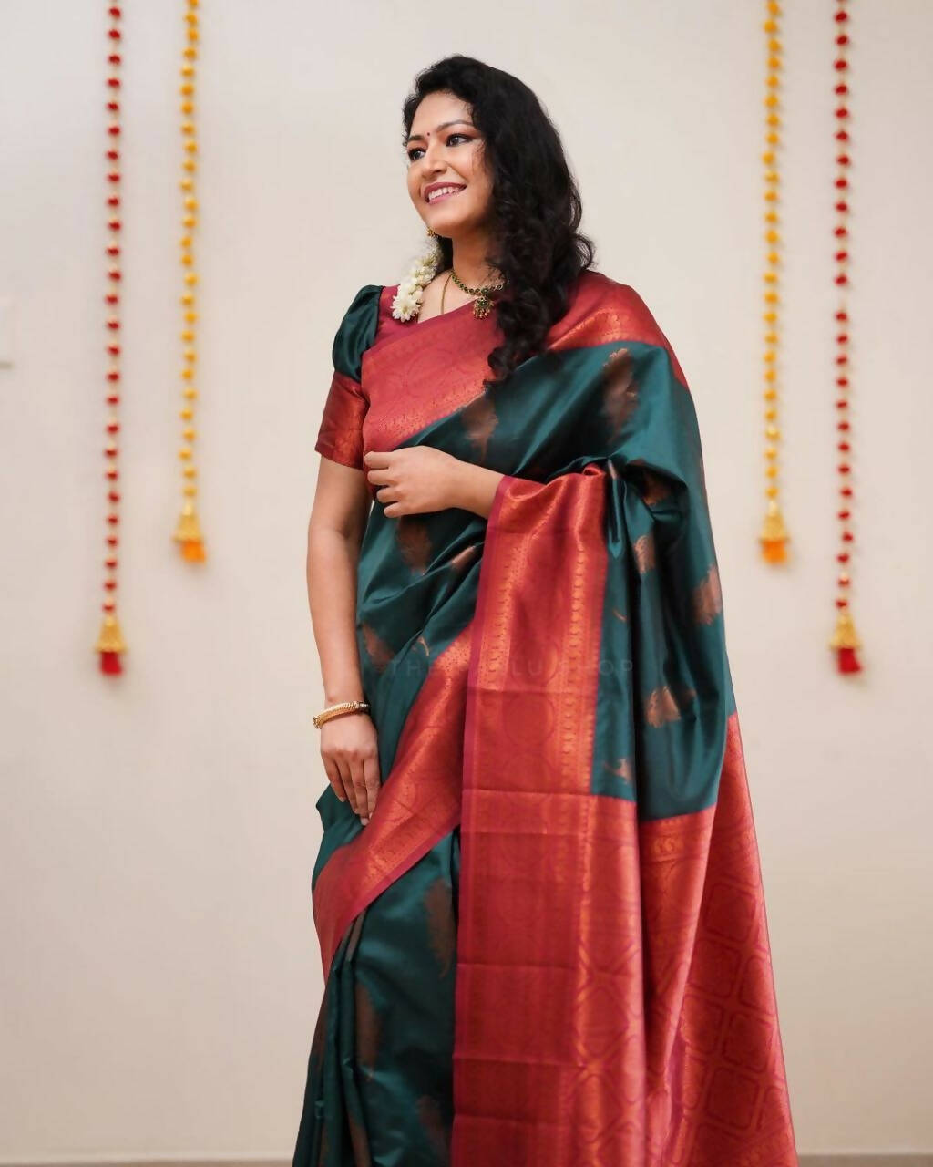 DEIANA'S Beautiful Golden Jari with New Design Soft Lichi Silk Saree - Teal - Distacart