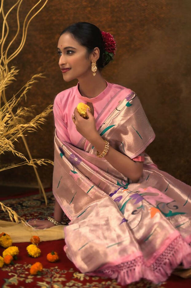Vishnu Weaves Women's Baby Pink Paithani Silk Zari Woven Saree with Unstitched Blouse - Distacart