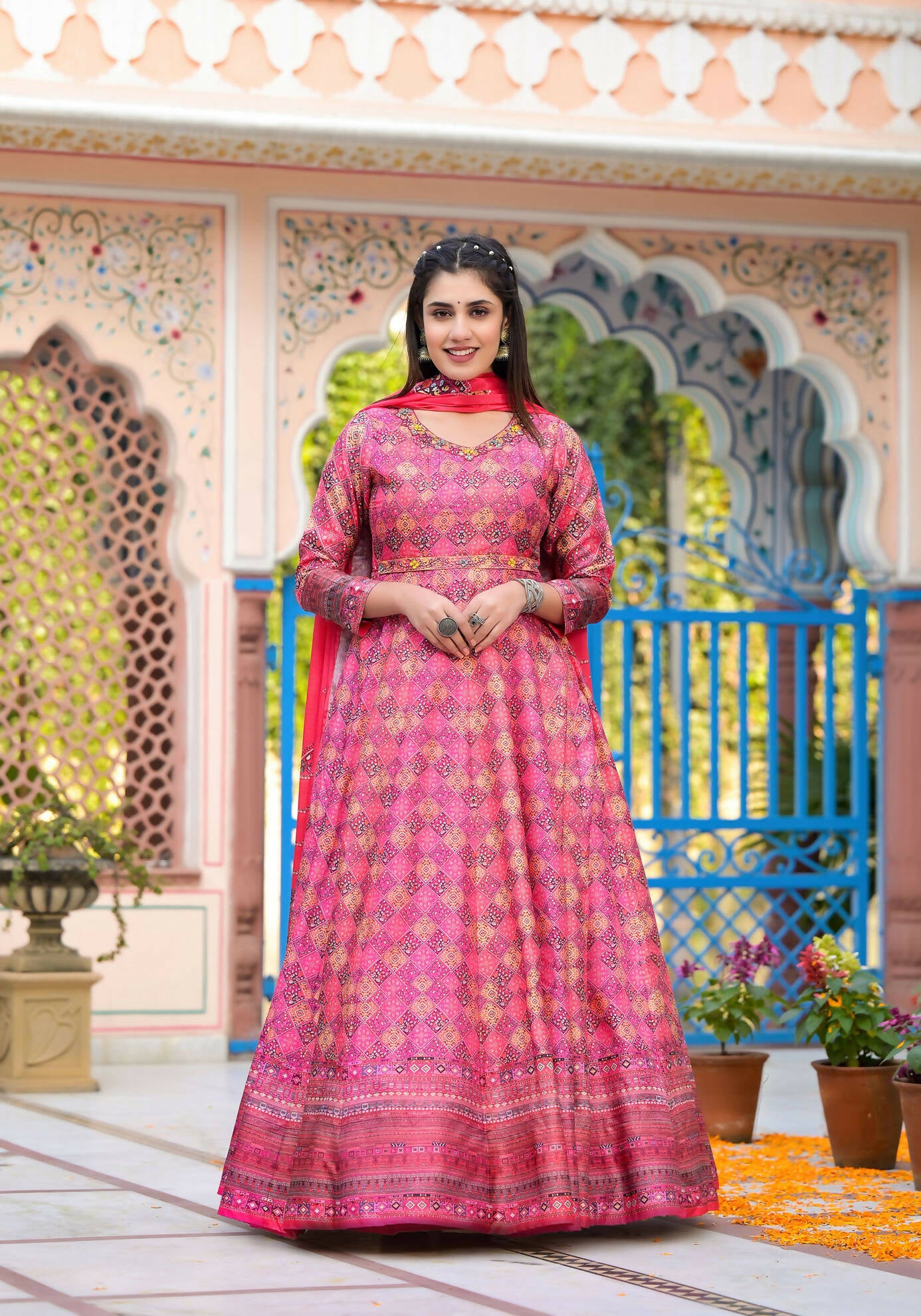 Functional Designer Dark Pink Dola Silk Anarkali suit with Dupatta - Ramya - Distacart