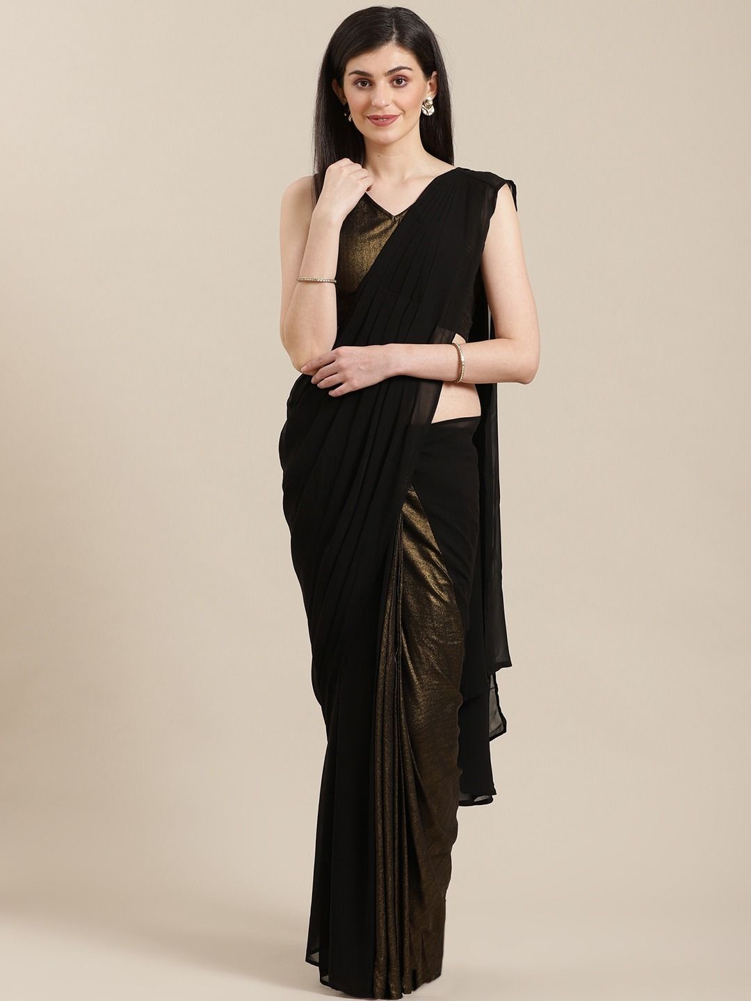 Ahalyaa Women's Black Georgette Gold Coated Ready to Wear Saree