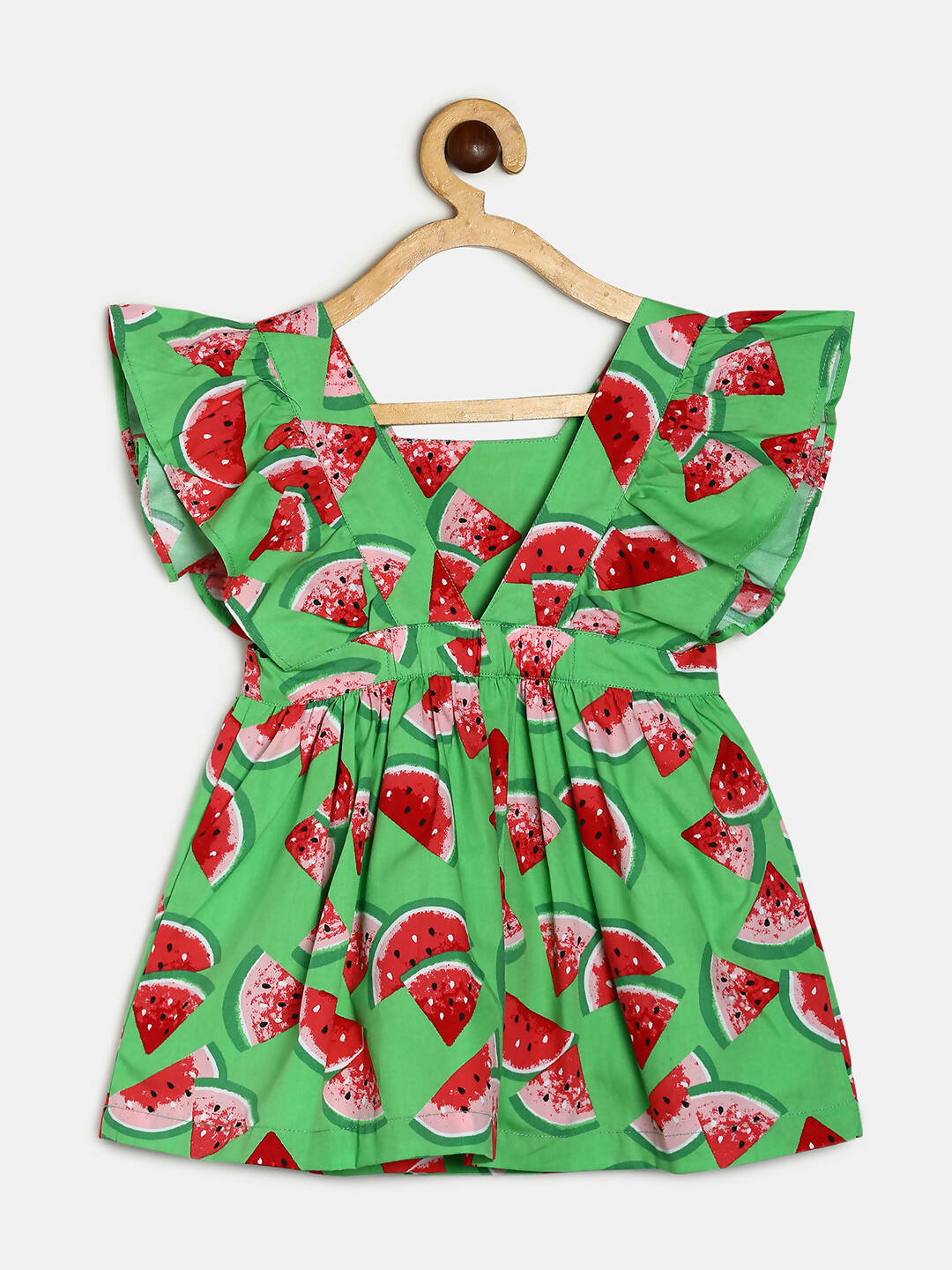 Manet Girls Cotton V Neck Frill Frock Watermelon Printed - Green - Distacart