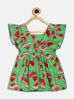 Thumbnail for Manet Girls Cotton V Neck Frill Frock Watermelon Printed - Green - Distacart