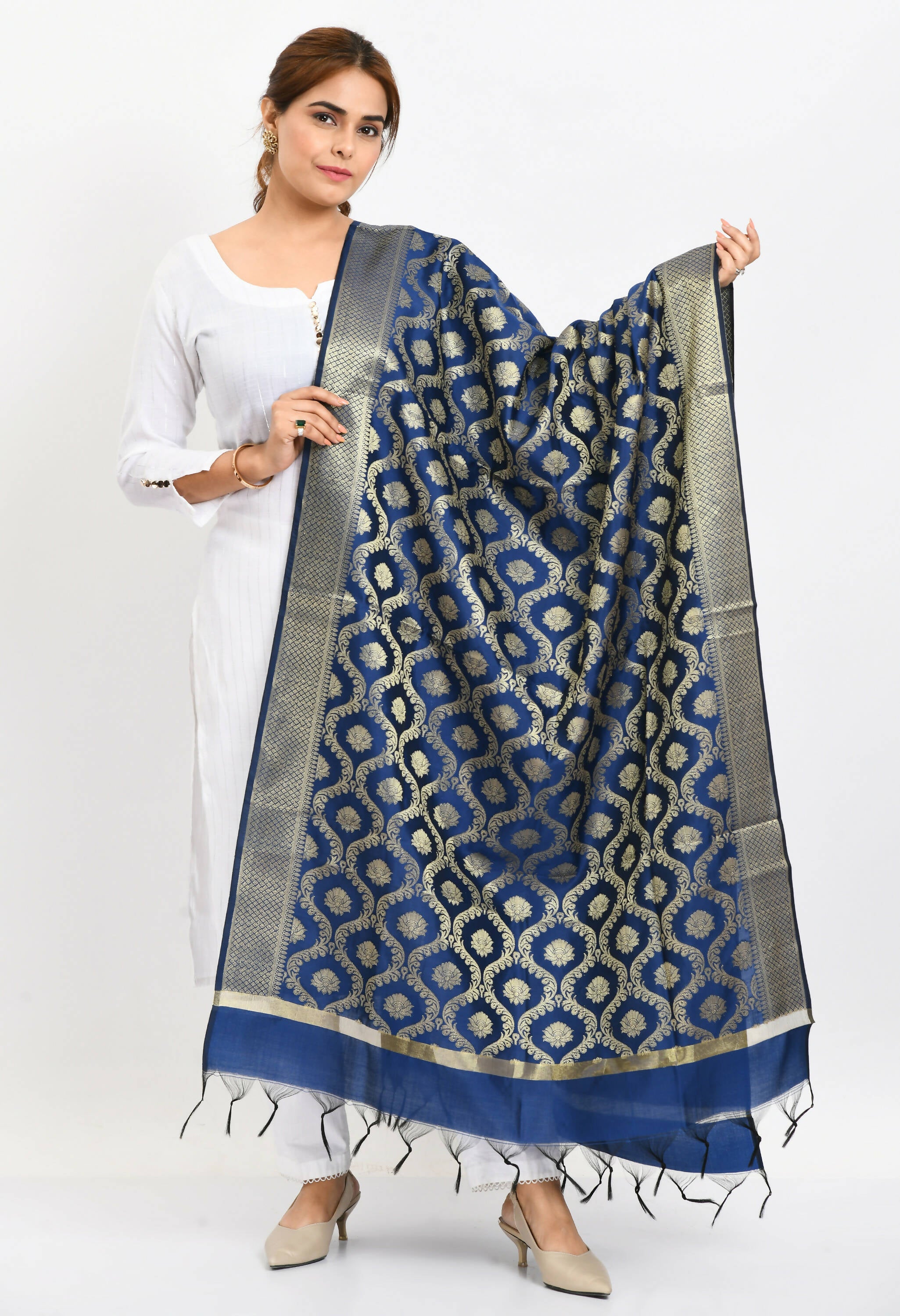 Mominos Fashion Moeza Women's Banarsi Silk All Over Woven Design Navy Blue Dupatta - Distacart