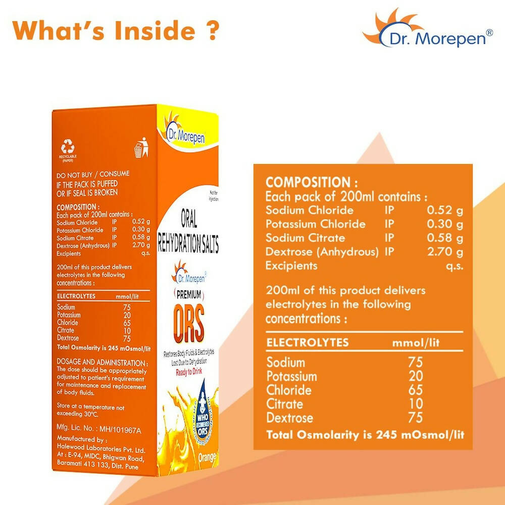 Dr. Morepen Premium ORS Drink With Electrolytes for Instant Hydration Orange Flavour - Distacart