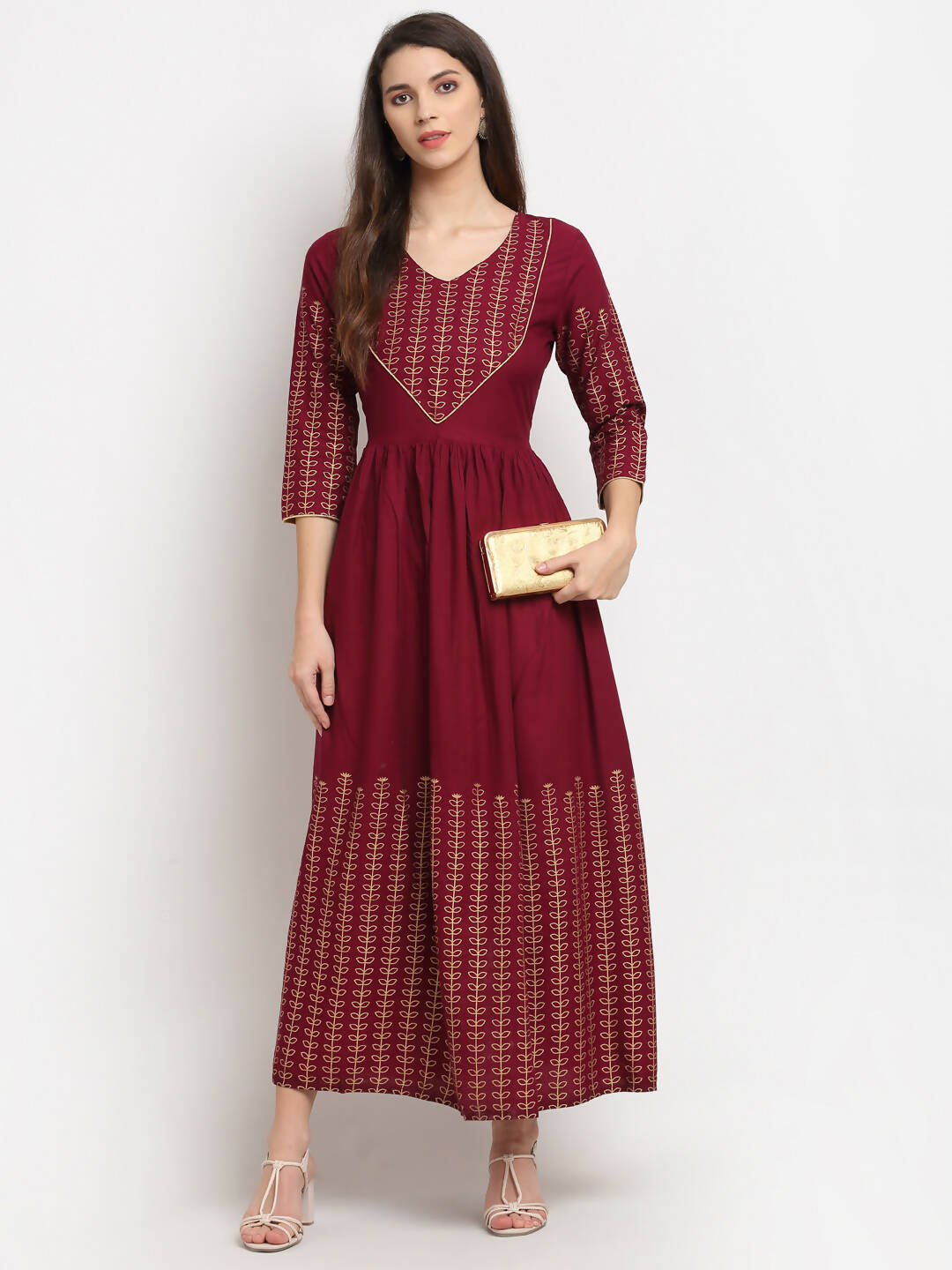 Rudra bazaar Gold Printed A-line flared Maroon Kurti - Distacart