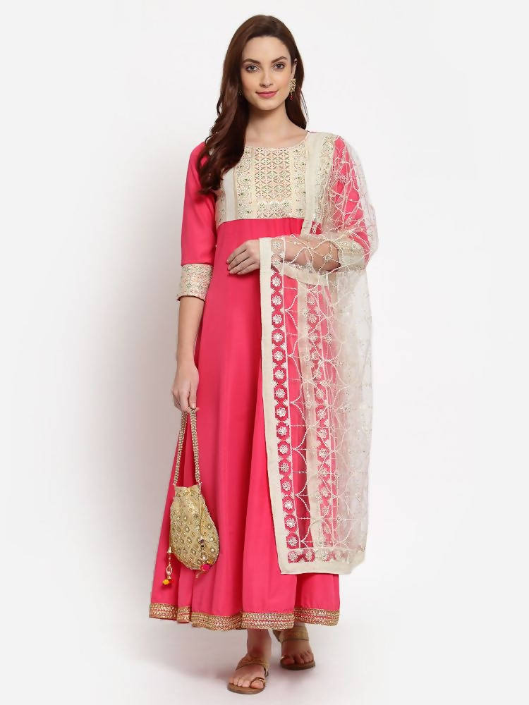 Myshka Women's Pink Solid Rayon 3/4 Sleeve Round Neck Casual Anarkali Kurta Dupatta Set