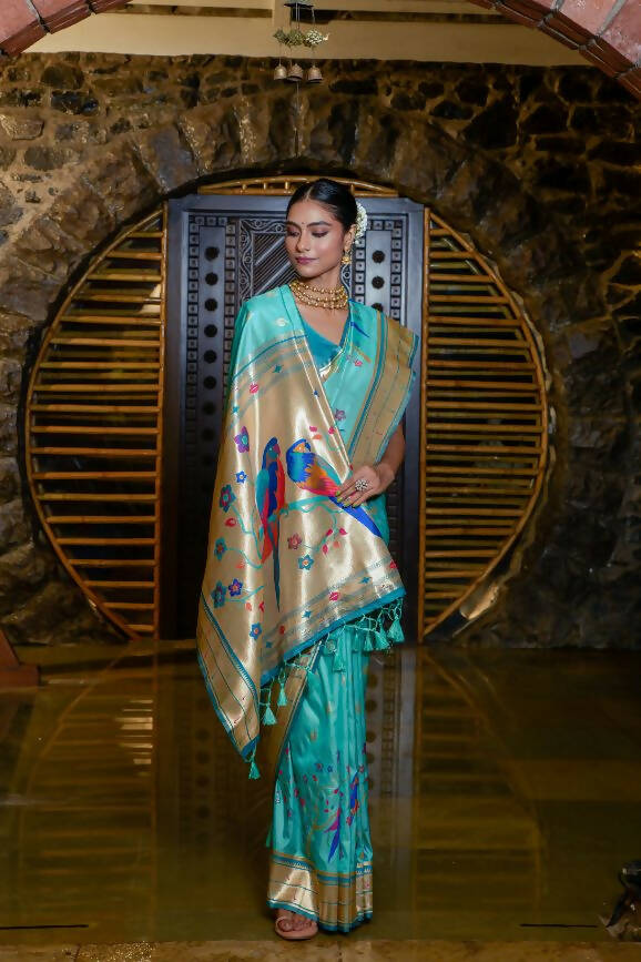 Vishnu Weaves Women's Sea Green Paithani Silk Zari Woven Saree with Unstitched Blouse - Distacart