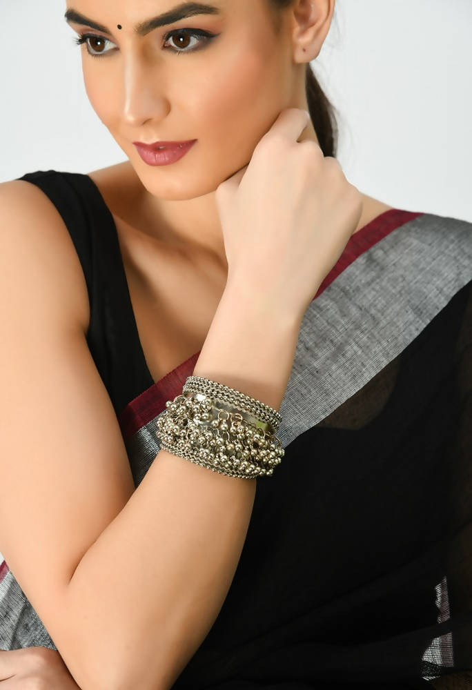 Mominos Fashion Kamal Johar Oxidised Silver-Plated Ghungroo Handcraft Cuff Bracelet