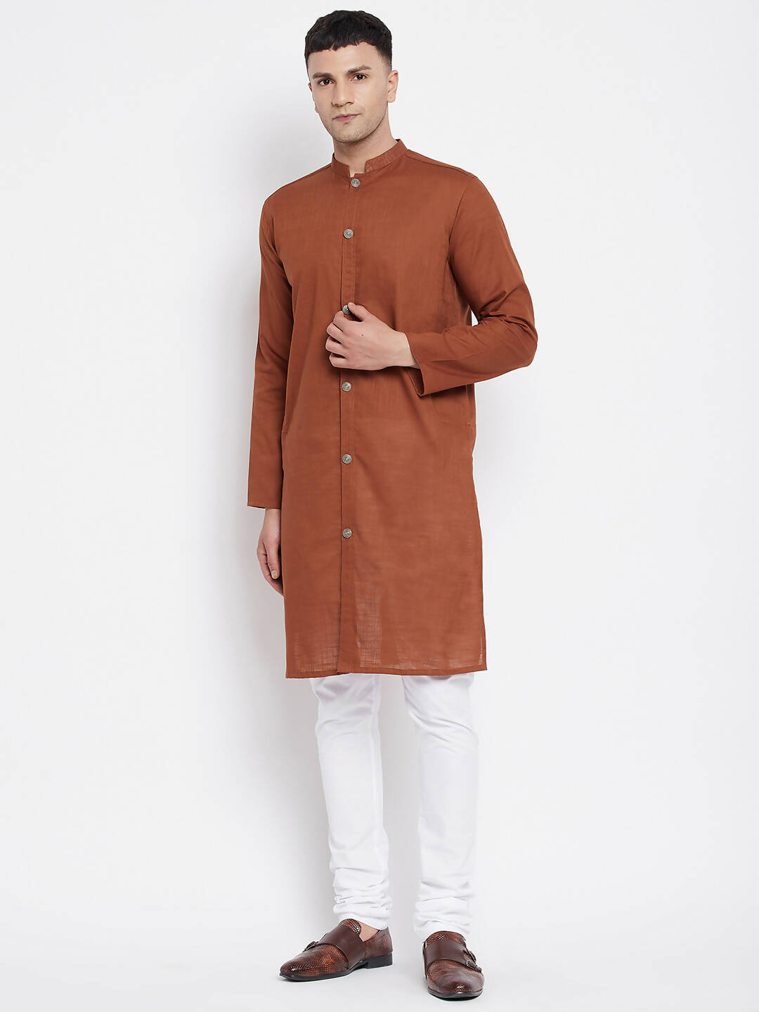 Even Apparels Brown Pure Cotton Men's Sherwani Kurta With Open Front - Distacart