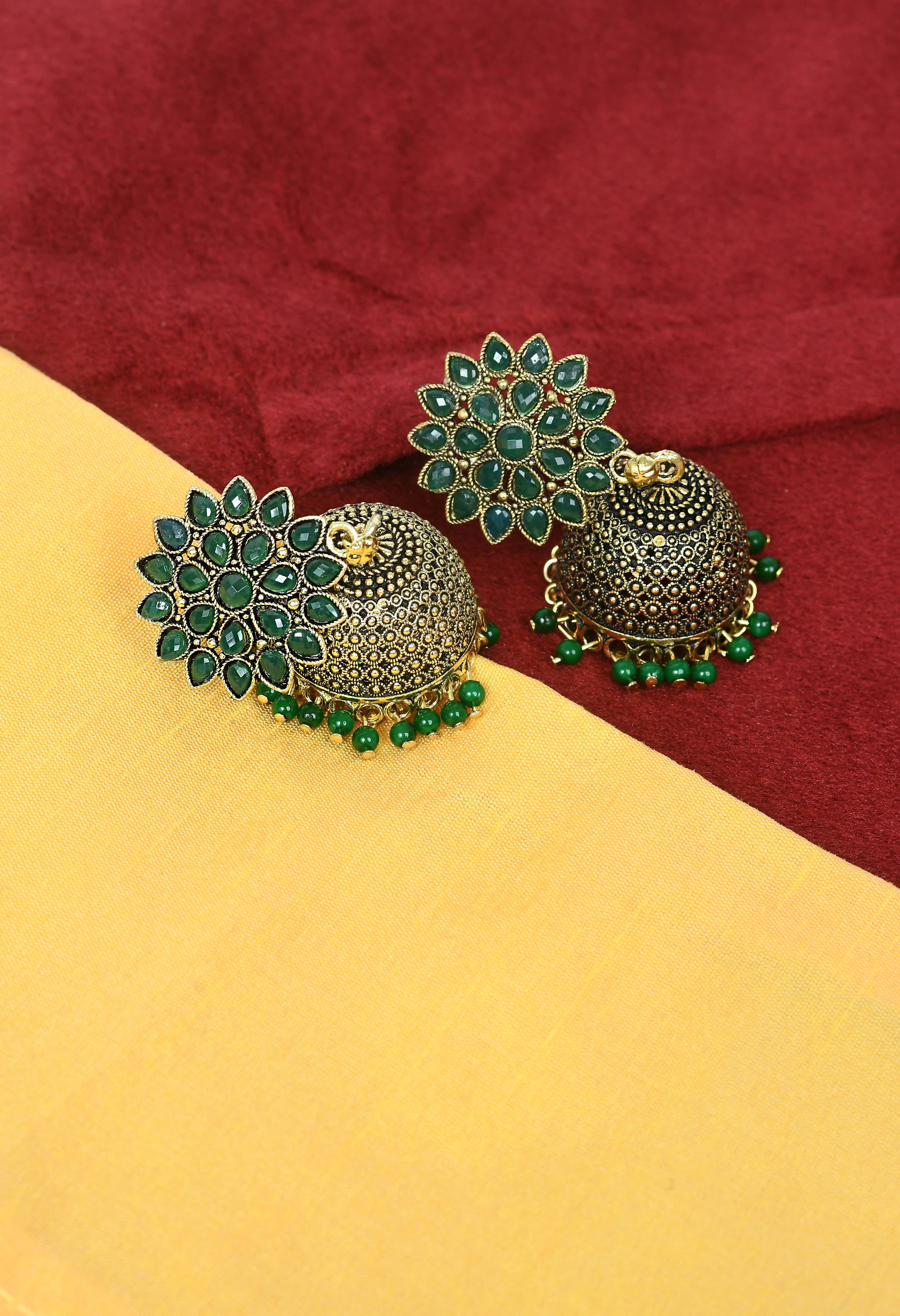 Mominos Fashion Johar Kamal Beautiful Kundan Work Jhumka With Green Beads - Distacart
