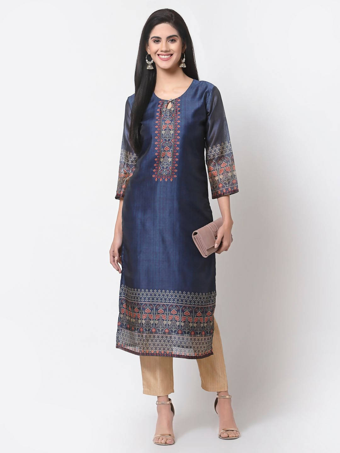 Myshka Navy Blue Printed Chanderi Silk 3/4 Sleeve Round Neck Casual Kurta