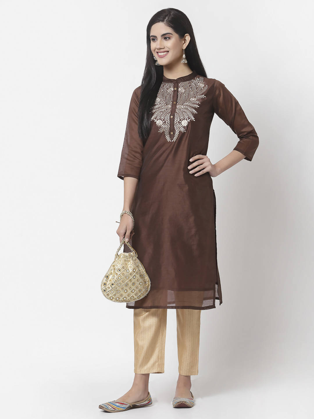 Myshka Women Maroon Chanderi Embroidered 3/4 Sleeve Round Neck Kurta