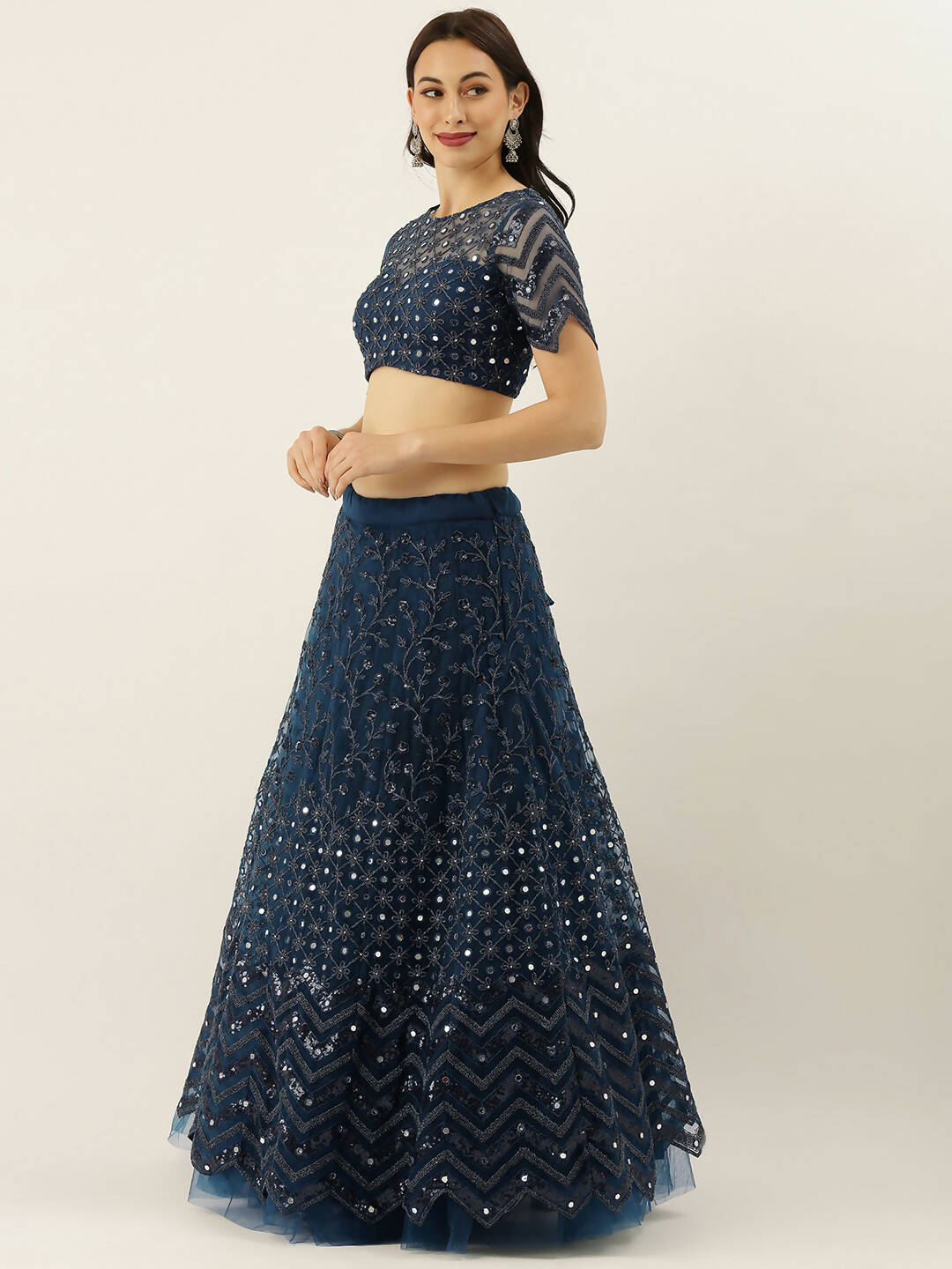 House of Panchhi Navy Blue Net Semi Stitched Coding, Sequins and Mirror work Lehenga Choli - Distacart