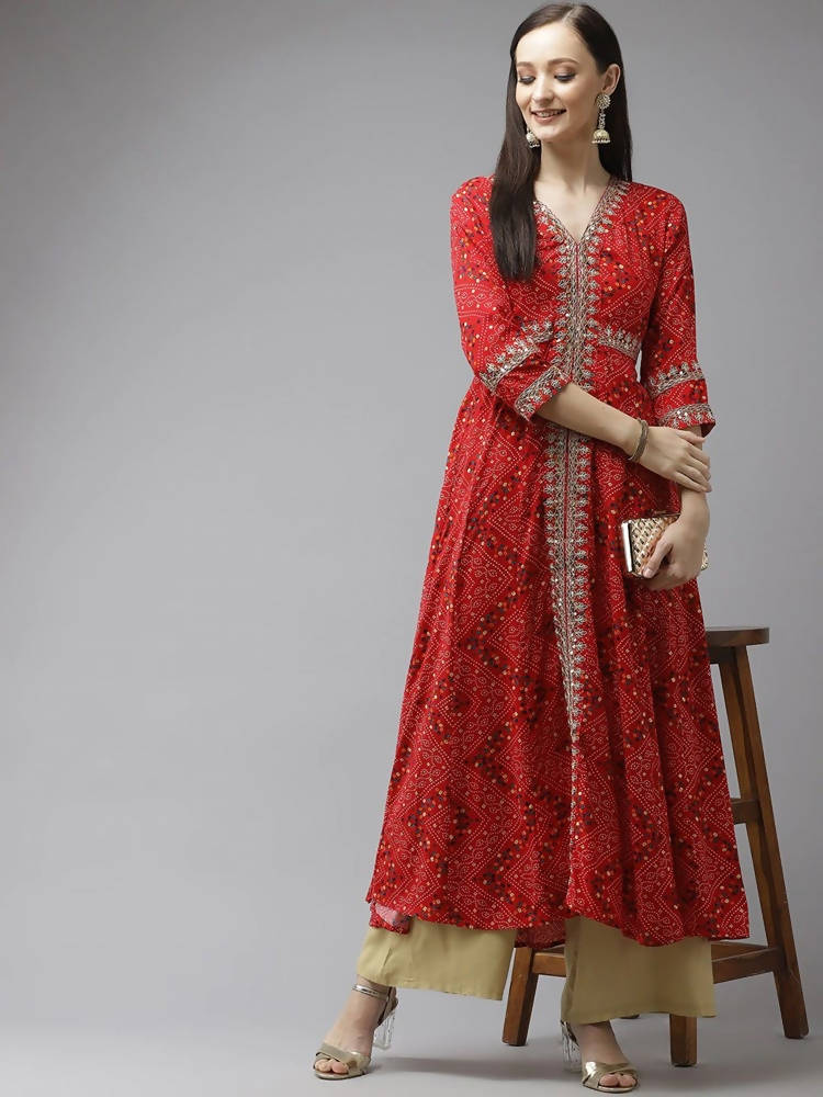 Yufta Women Red Bandhani Printed Kurta