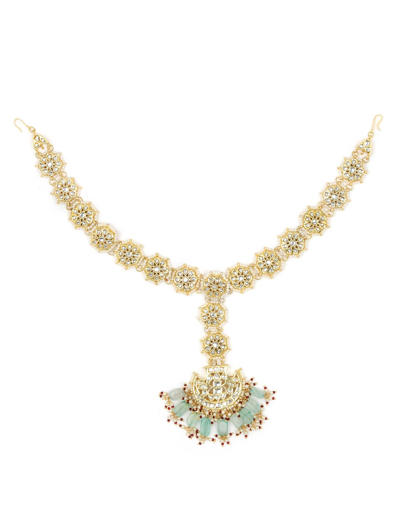 Gold-Plated White Blue Kundan-Studded Pearl Beaded Matha Patti - Ruby Raang - Distacart