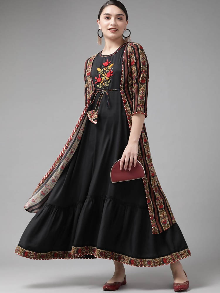 Yufta Women Black & Red Solid Embroidered Detail A-Line Maxi Dress with Ethnic Jacket