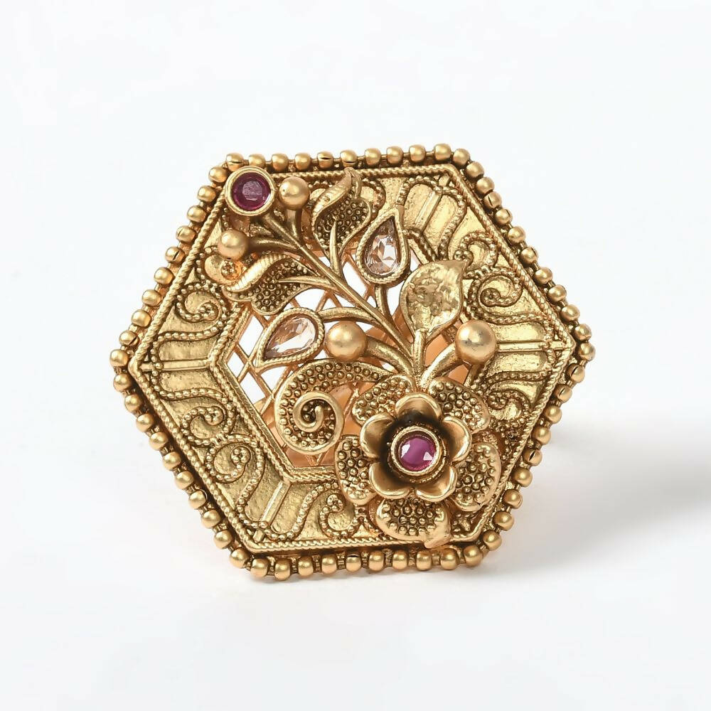 Mominos Fashion Joharkamal Gold-Plated Stone Studded Adjustable Finger Ring - Design 11 - Distacart
