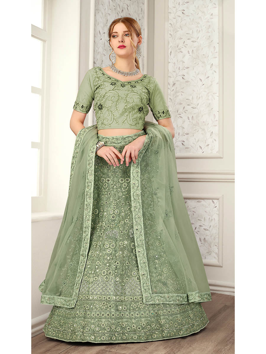 Myra Pista Net Heavy Embroidered Lehenga Choli - Distacart