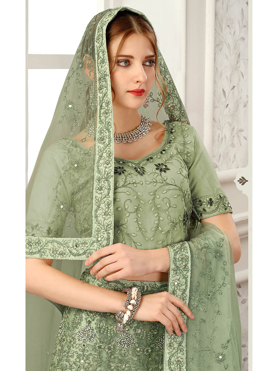 Myra Pista Net Heavy Embroidered Lehenga Choli - Distacart