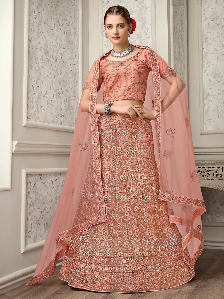 Myra Peach Net Heavy Embroidered Lehenga Choli - Distacart