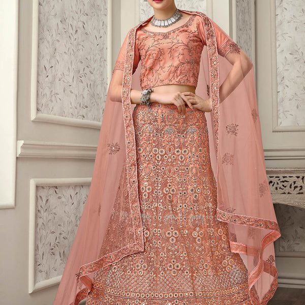 Myra Peach Net Heavy Embroidered Lehenga Choli - Distacart