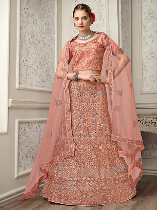 Myra Peach Net Heavy Embroidered Lehenga Choli - Distacart