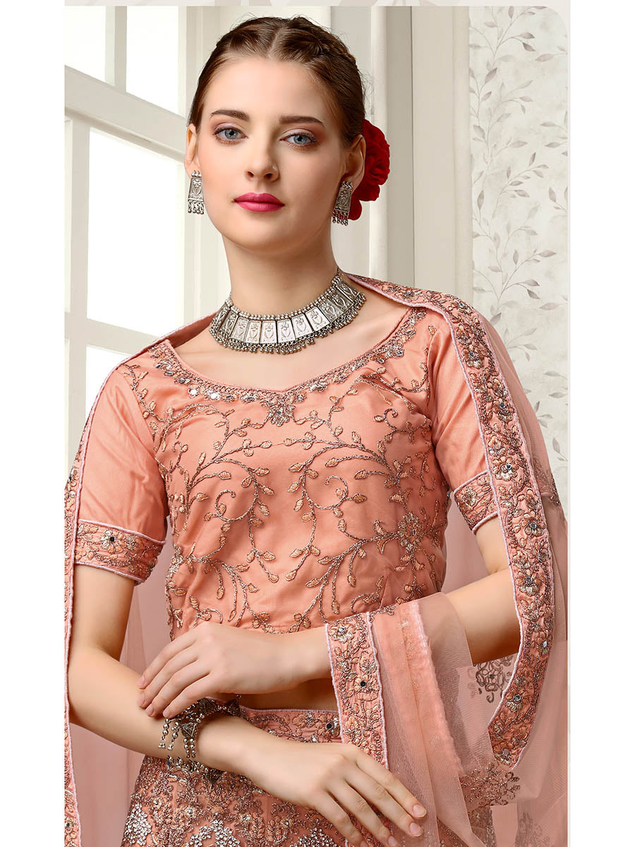 Myra Peach Net Heavy Embroidered Lehenga Choli - Distacart