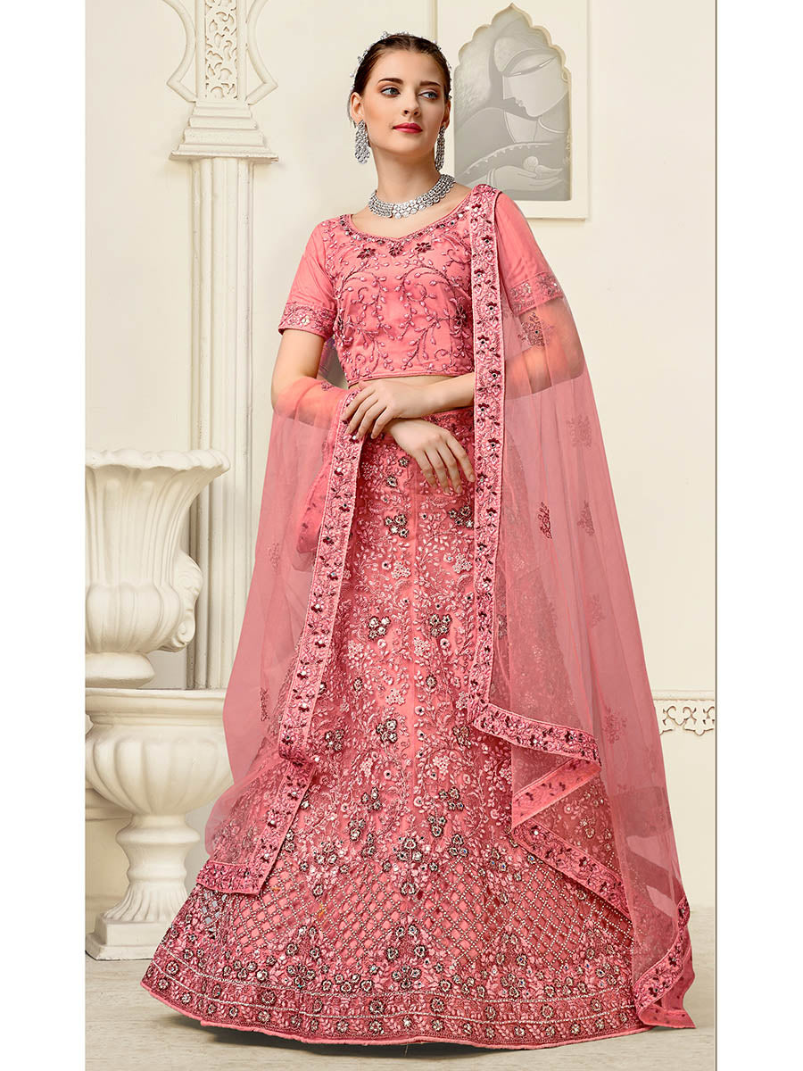 Myra Dusty Pink Net Heavy Embroidered Lehenga Choli - Distacart