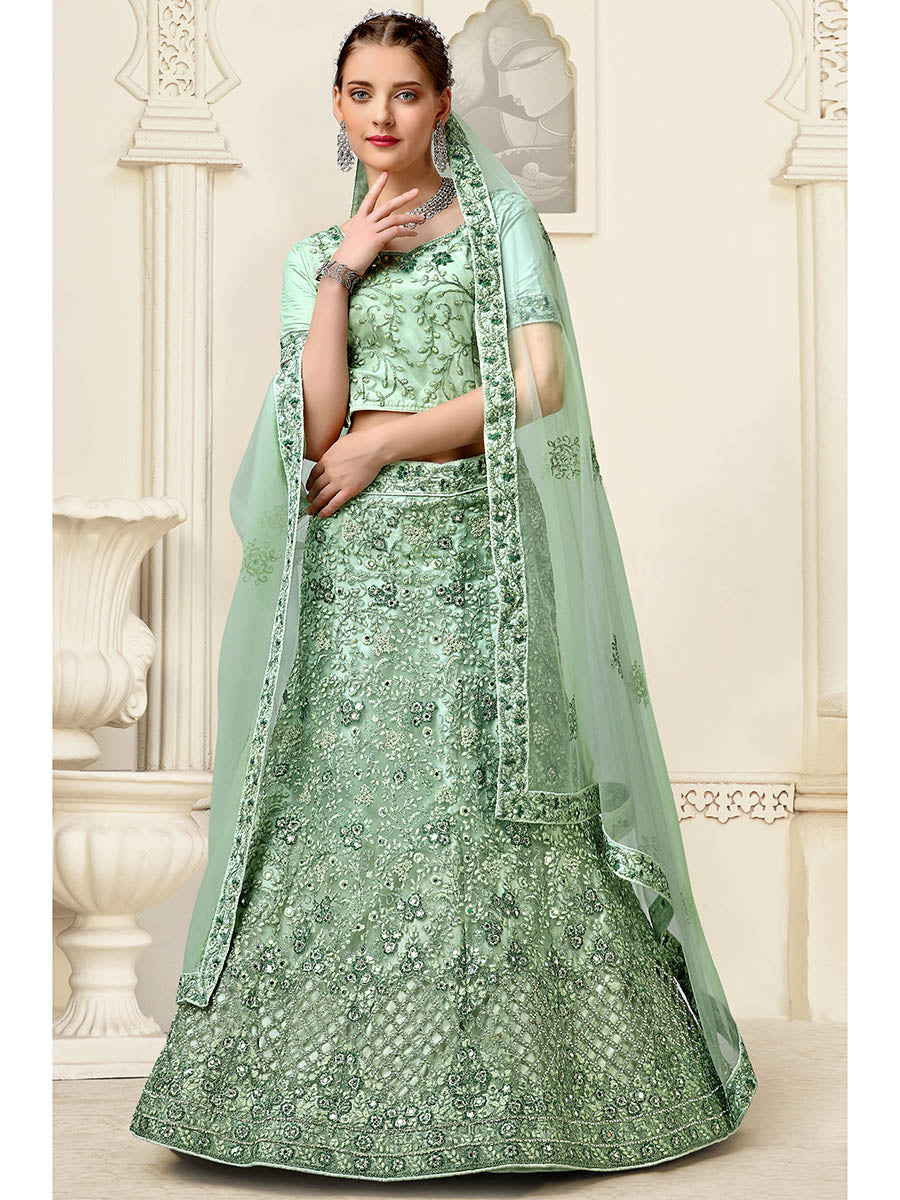 Myra Pista Net Heavy Embroidered Lehenga Choli - Distacart