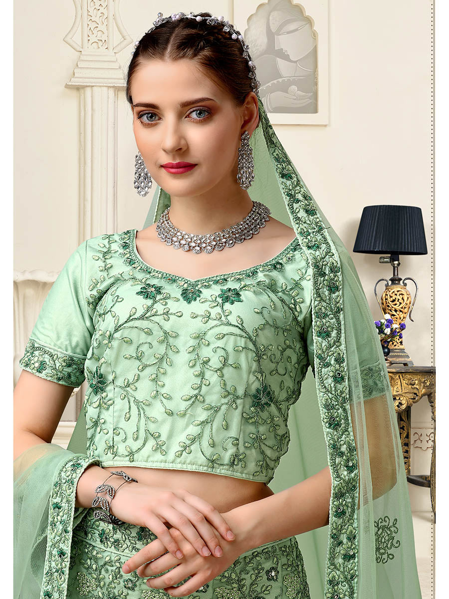 Myra Pista Net Heavy Embroidered Lehenga Choli - Distacart