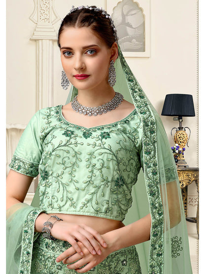 Myra Pista Net Heavy Embroidered Lehenga Choli - Distacart