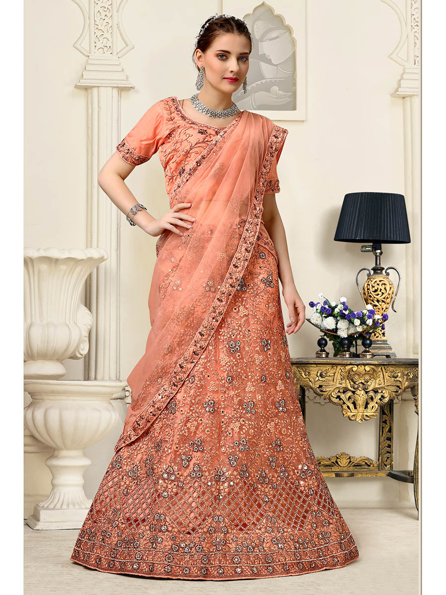 Myra Peach Net Heavy Embroidered Lehenga Choli - Distacart