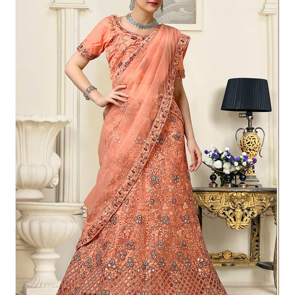 Myra Peach Net Heavy Embroidered Lehenga Choli - Distacart