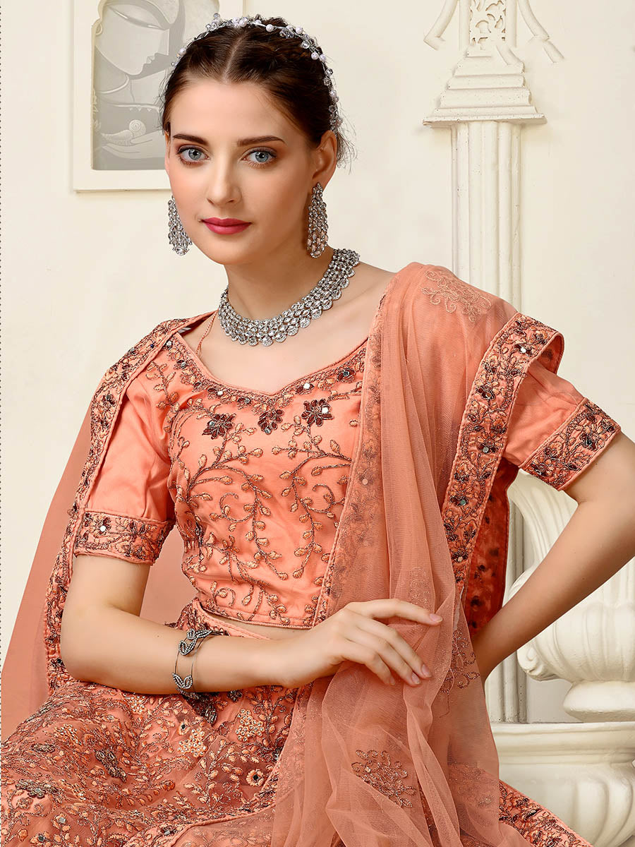 Myra Peach Net Heavy Embroidered Lehenga Choli - Distacart