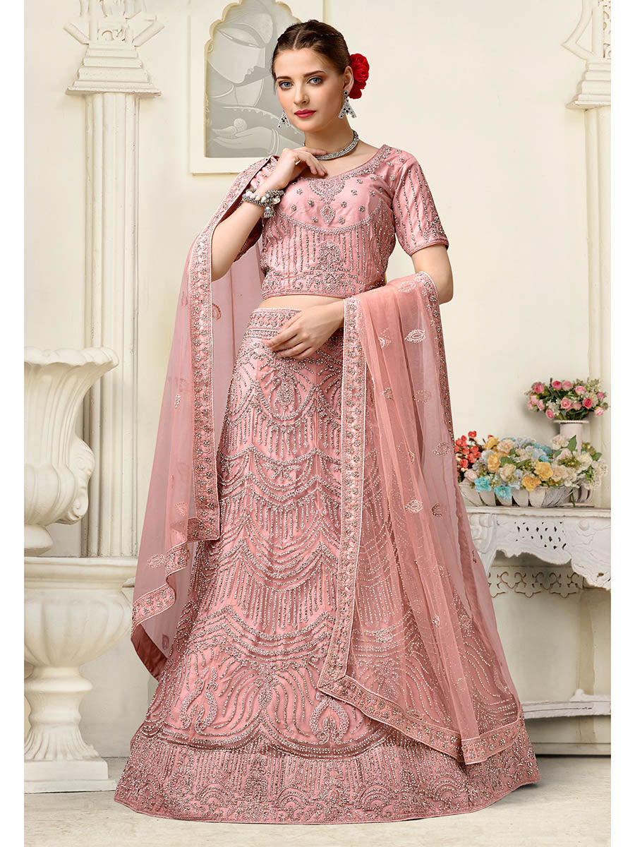 Myra Dusty Pink Net Heavy Embroidered Lehenga Choli - Distacart