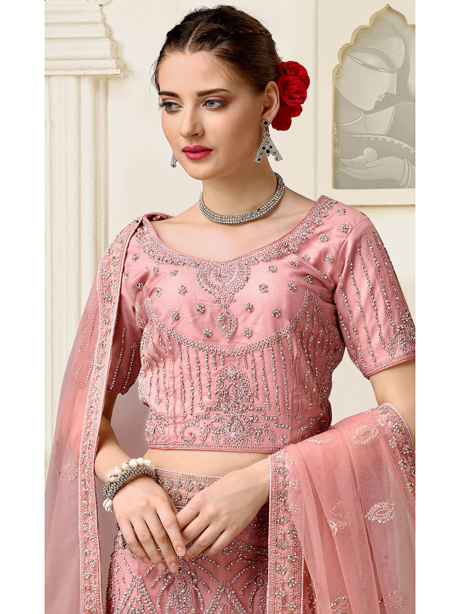 Myra Dusty Pink Net Heavy Embroidered Lehenga Choli - Distacart