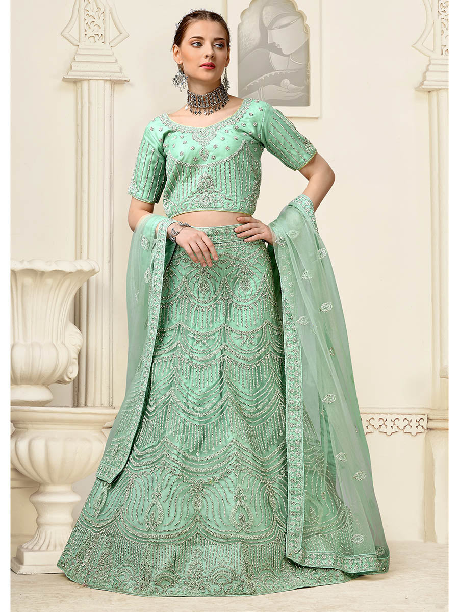 Myra Pista Net Heavy Embroidered Lehenga Choli - Distacart