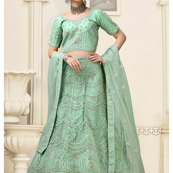 Myra Pista Net Heavy Embroidered Lehenga Choli - Distacart