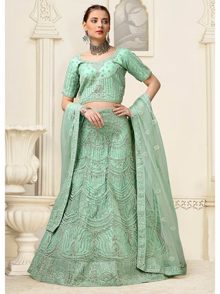 Myra Pista Net Heavy Embroidered Lehenga Choli - Distacart